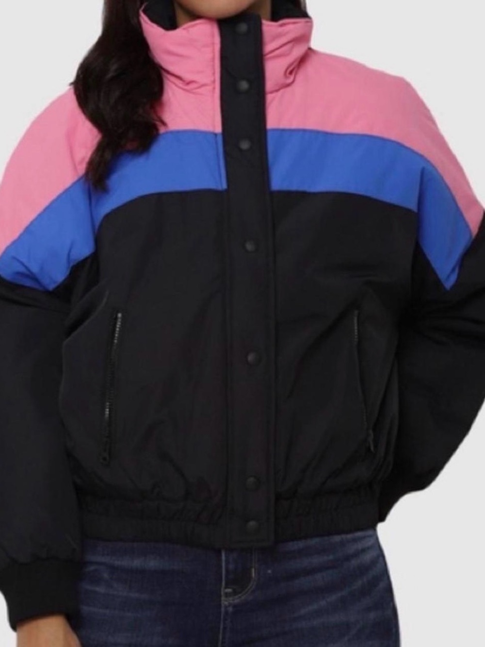 American Eagle Outfitters Pink, Blue & Black Colorblock Bomber Jacket